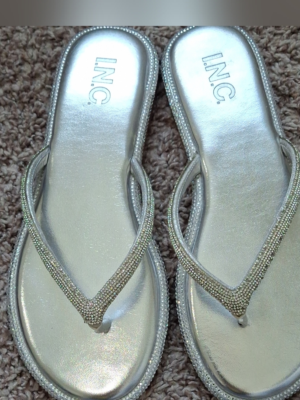 INC International Concepts Silver Rhinestone Thong Sandals Size 6M
